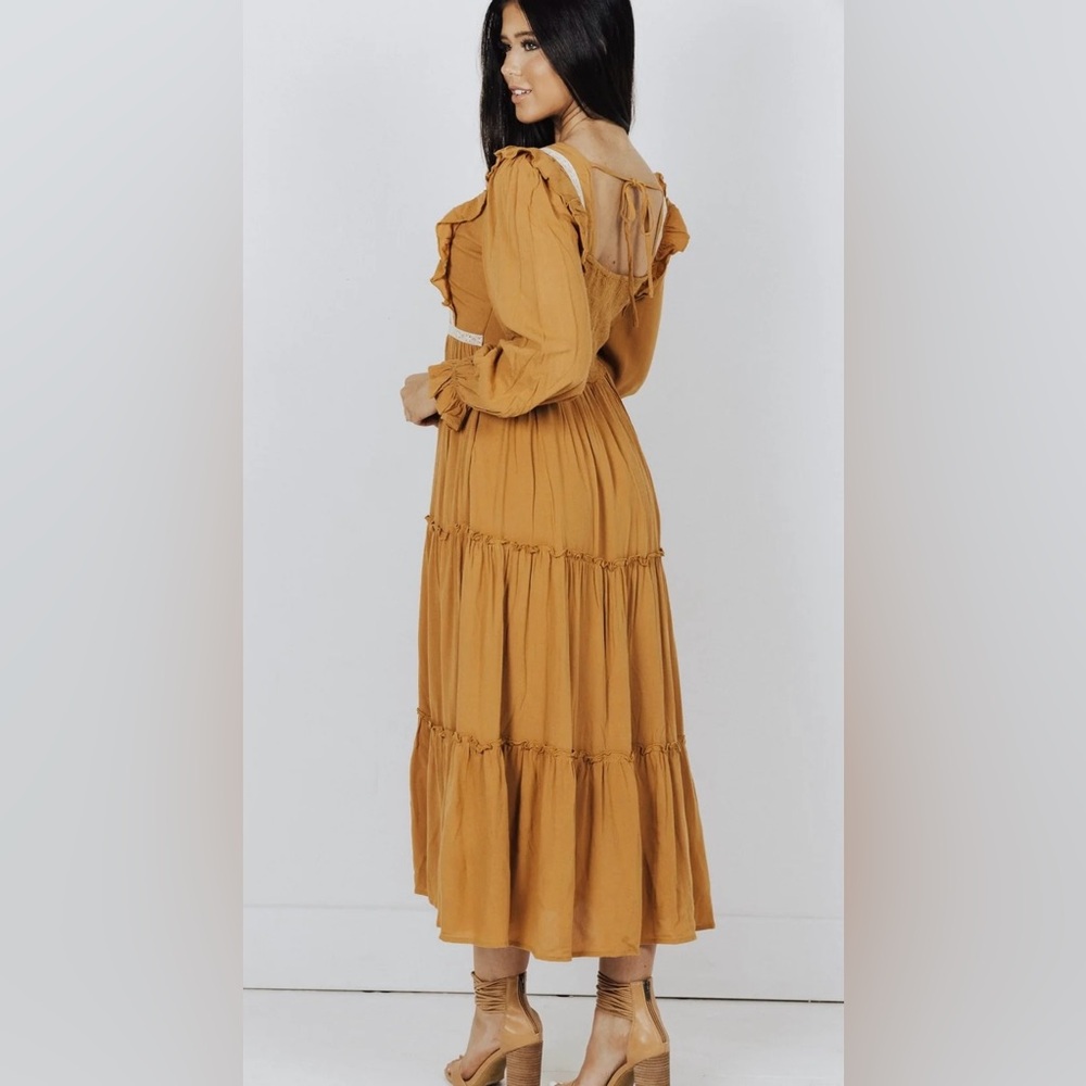 In Loom Elegant Mustard Dress with Lace Trim